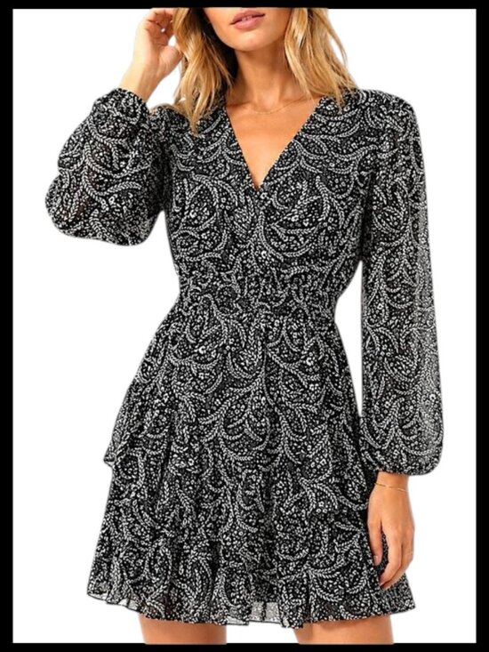 Aqua Dresses & Skirts - Aqua Black White Floral Ruffle Mini Dress Long Sleeve XS